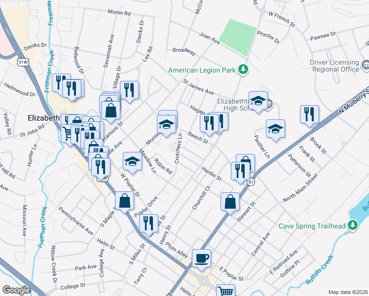 map of restaurants, bars, coffee shops, grocery stores, and more near 313 Mallory Street in Elizabethtown