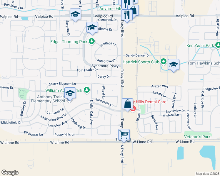 map of restaurants, bars, coffee shops, grocery stores, and more near 801 Autumn Creek Court in Tracy