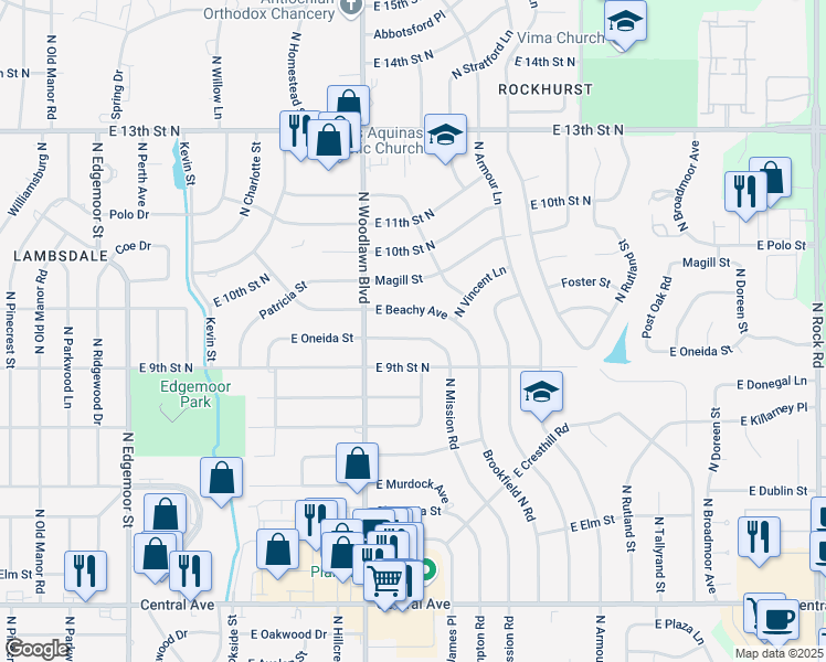 map of restaurants, bars, coffee shops, grocery stores, and more near 6505 Beachy Street in Wichita