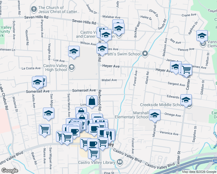 map of restaurants, bars, coffee shops, grocery stores, and more near 4050 Somerset Avenue in Castro Valley