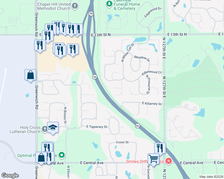 map of restaurants, bars, coffee shops, grocery stores, and more near 1029 Whitetail Court in Wichita