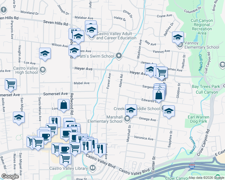 map of restaurants, bars, coffee shops, grocery stores, and more near 19652 Forest Avenue in Castro Valley