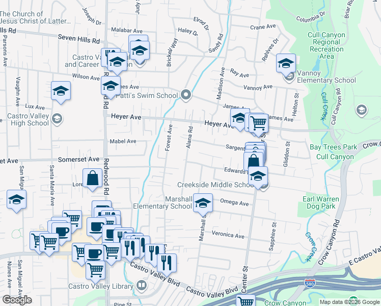 map of restaurants, bars, coffee shops, grocery stores, and more near 19548 Alana Road in Castro Valley