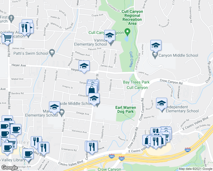 map of restaurants, bars, coffee shops, grocery stores, and more near 19430 Center Street in Castro Valley