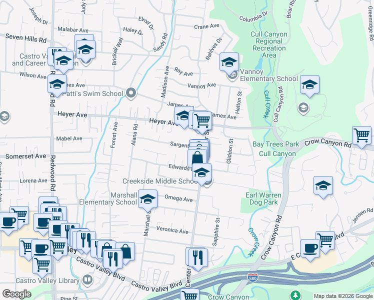 map of restaurants, bars, coffee shops, grocery stores, and more near 4571 Sargent Avenue in Castro Valley