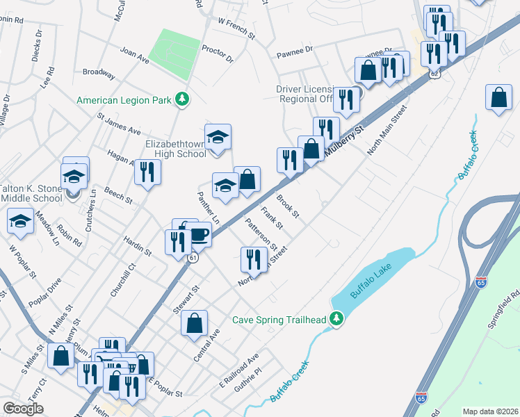 map of restaurants, bars, coffee shops, grocery stores, and more near 701 North Mulberry Street in Elizabethtown