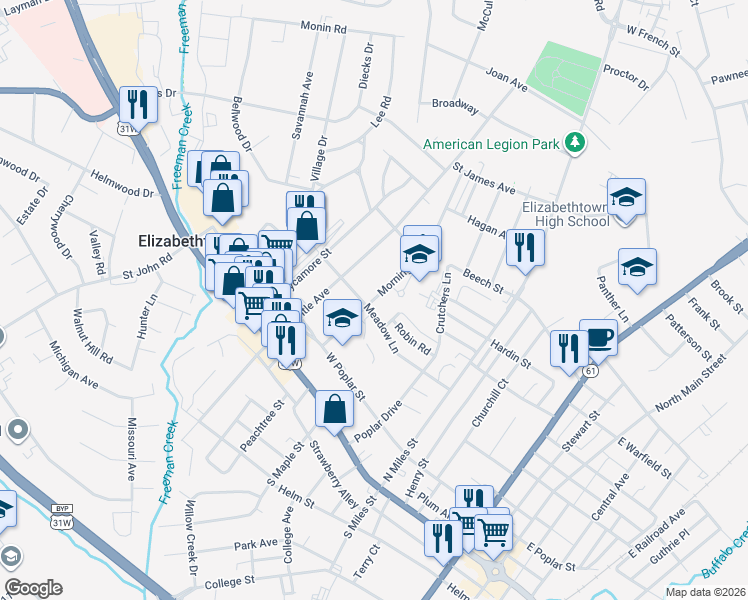 map of restaurants, bars, coffee shops, grocery stores, and more near 313 Morningside Drive in Elizabethtown