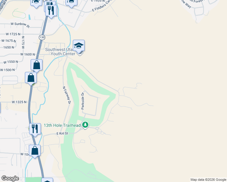 map of restaurants, bars, coffee shops, grocery stores, and more near 1399 North Knoll Street in Cedar City