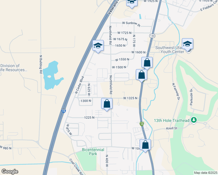 map of restaurants, bars, coffee shops, grocery stores, and more near 1389 Northfield Road in Cedar City