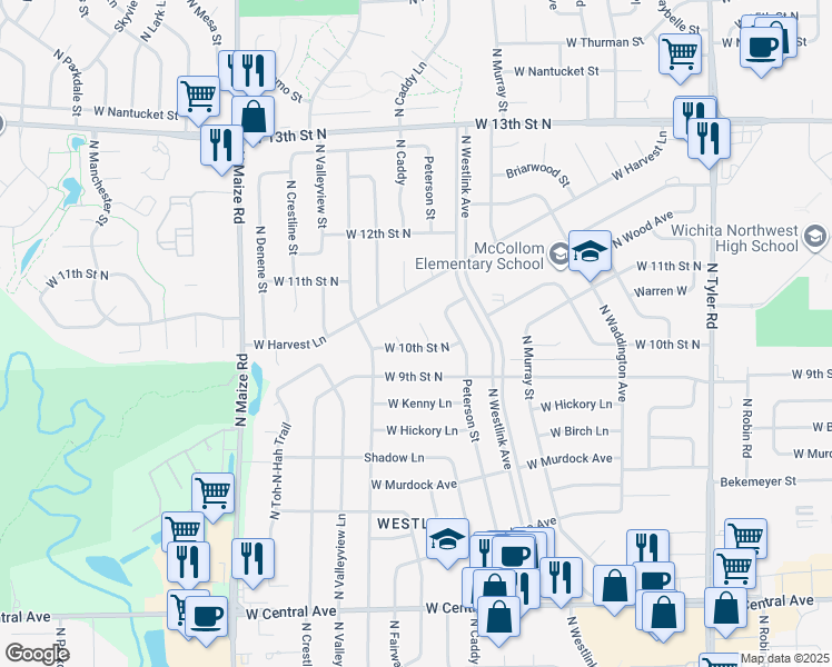map of restaurants, bars, coffee shops, grocery stores, and more near 9830 W 10th Court North in Wichita