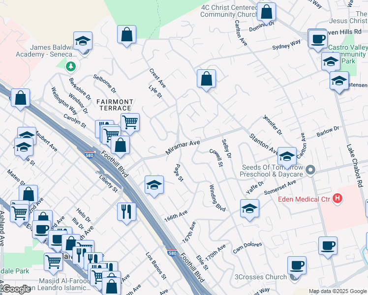 map of restaurants, bars, coffee shops, grocery stores, and more near 2503 Miramar Avenue in Castro Valley