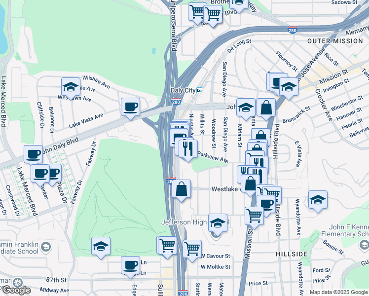 map of restaurants, bars, coffee shops, grocery stores, and more near 1901C Junipero Serra Boulevard in Daly City