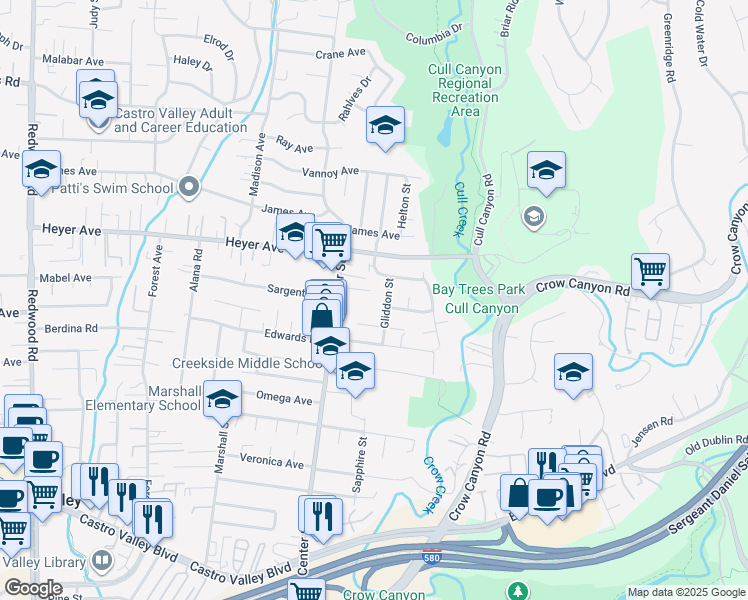 map of restaurants, bars, coffee shops, grocery stores, and more near 19430 Center Street in Castro Valley