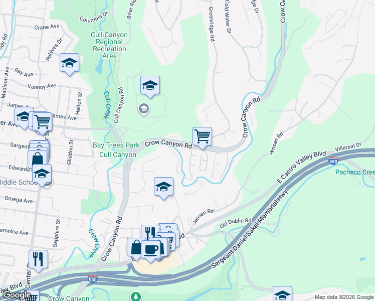 map of restaurants, bars, coffee shops, grocery stores, and more near 19900 Presidio Court in Castro Valley