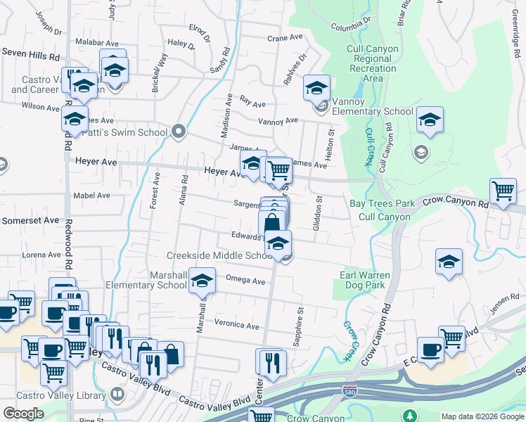 map of restaurants, bars, coffee shops, grocery stores, and more near 4571 Sargent Avenue in Castro Valley