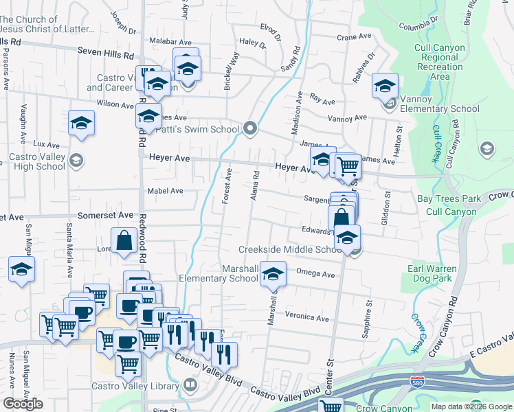 map of restaurants, bars, coffee shops, grocery stores, and more near 19548 Alana Road in Castro Valley