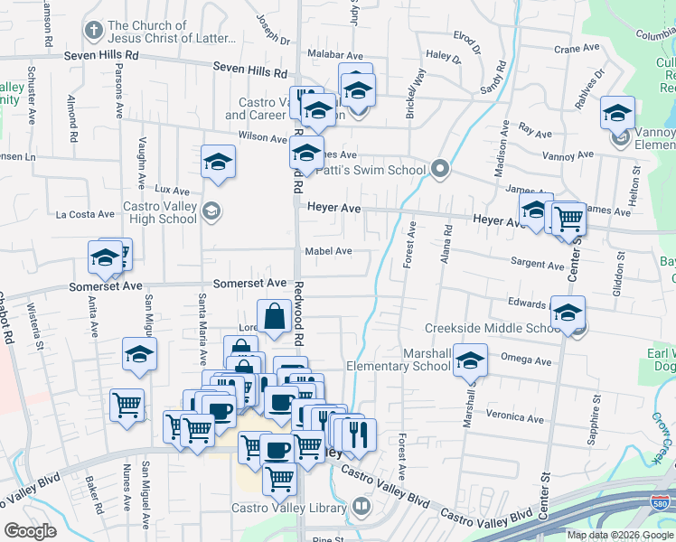 map of restaurants, bars, coffee shops, grocery stores, and more near 19677 Kinney Court in Castro Valley