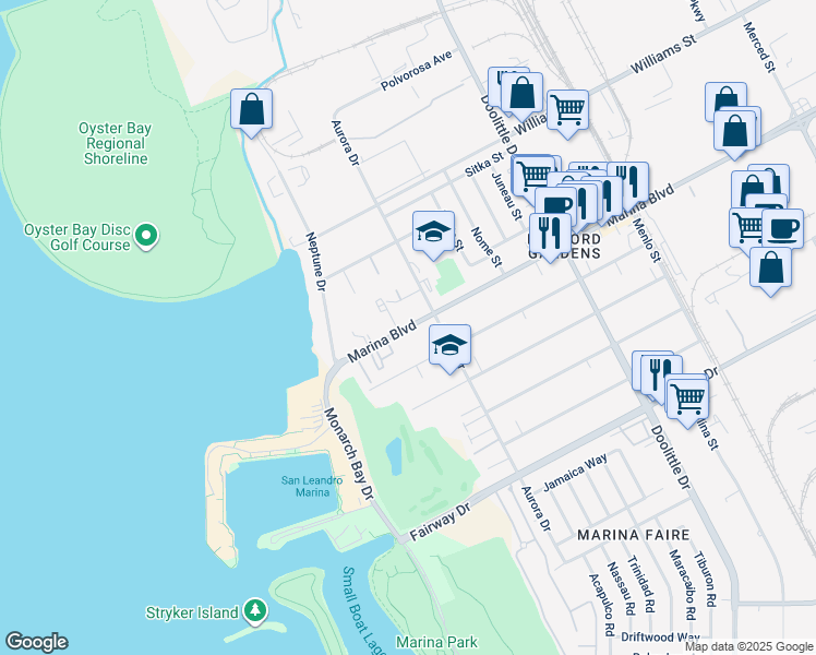 map of restaurants, bars, coffee shops, grocery stores, and more near 2615 Marina Boulevard in San Leandro