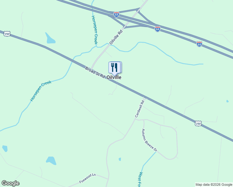 map of restaurants, bars, coffee shops, grocery stores, and more near 1383 Broad Street Road in Oilville