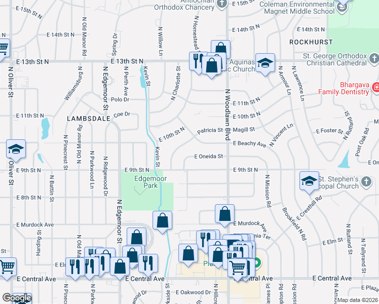 map of restaurants, bars, coffee shops, grocery stores, and more near 1064 Patricia Street in Wichita