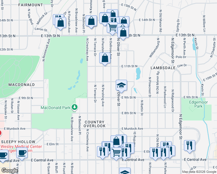 map of restaurants, bars, coffee shops, grocery stores, and more near 1048 North Pershing Street in Wichita