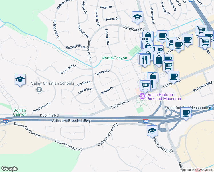 map of restaurants, bars, coffee shops, grocery stores, and more near 11623 Manzanita Lane in Dublin