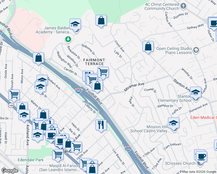 map of restaurants, bars, coffee shops, grocery stores, and more near 16272 Saratoga Street in San Leandro