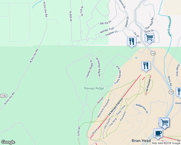 map of restaurants, bars, coffee shops, grocery stores, and more near 697 Hunter Ridge Drive in Brian Head