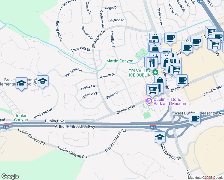 map of restaurants, bars, coffee shops, grocery stores, and more near 11623 Manzanita Lane in Dublin