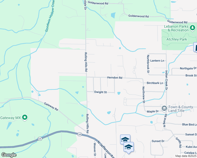 map of restaurants, bars, coffee shops, grocery stores, and more near 1118 Thomas Drive in Lebanon