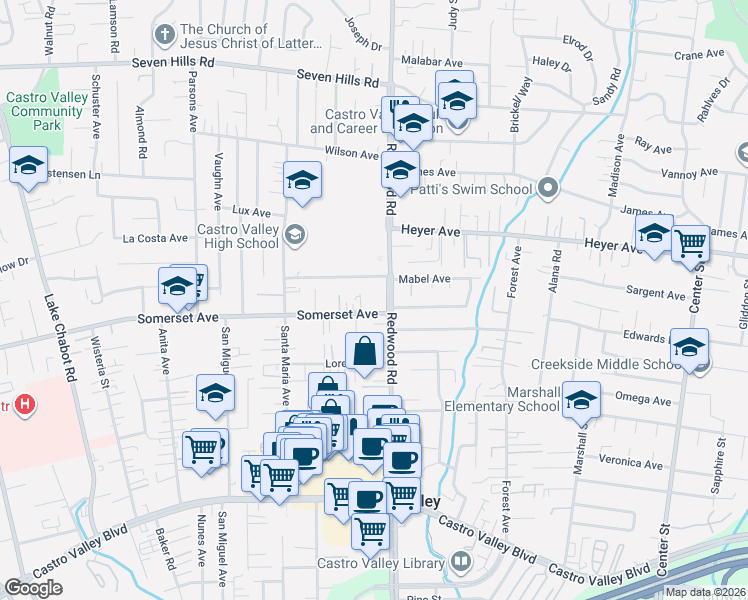 map of restaurants, bars, coffee shops, grocery stores, and more near 19648 Redwood Road in Castro Valley