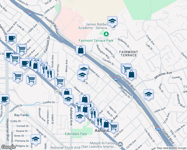 map of restaurants, bars, coffee shops, grocery stores, and more near 15997 Maubert Avenue in San Leandro