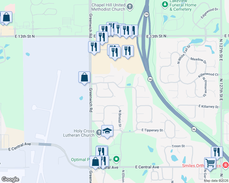 map of restaurants, bars, coffee shops, grocery stores, and more near 1022 North Bristol Street in Wichita