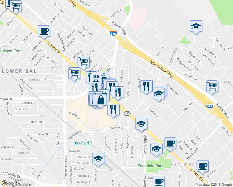 map of restaurants, bars, coffee shops, grocery stores, and more near 1440 Plaza Drive in San Leandro
