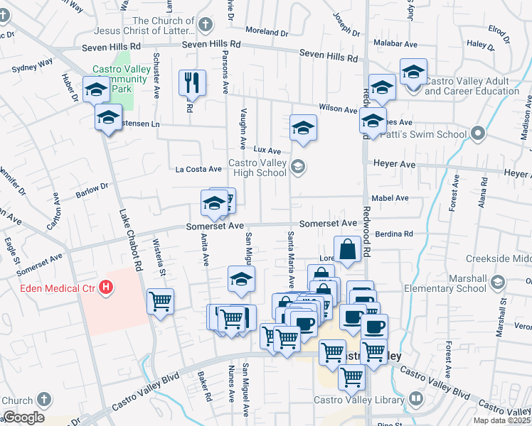 map of restaurants, bars, coffee shops, grocery stores, and more near 19650 San Miguel Avenue in Castro Valley