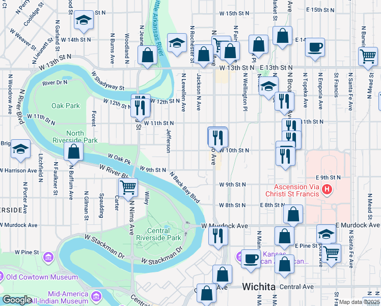 map of restaurants, bars, coffee shops, grocery stores, and more near 517 W 10th Street North in Wichita