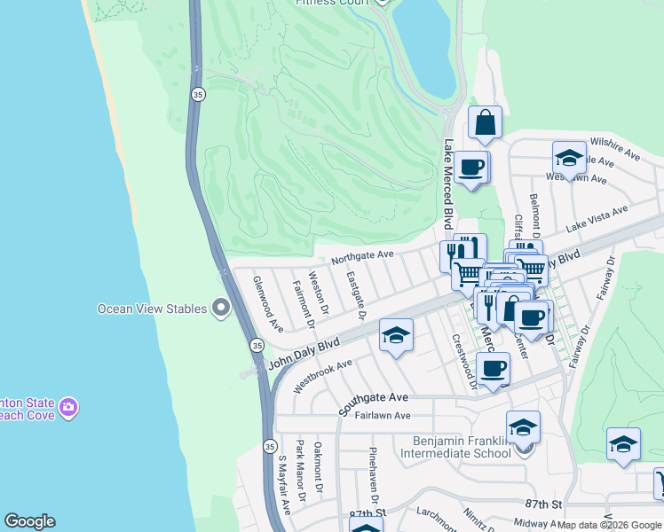 map of restaurants, bars, coffee shops, grocery stores, and more near 226 Northgate Avenue in Daly City