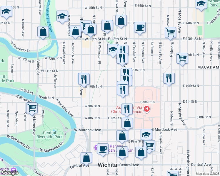 map of restaurants, bars, coffee shops, grocery stores, and more near 1064 North Main in Wichita