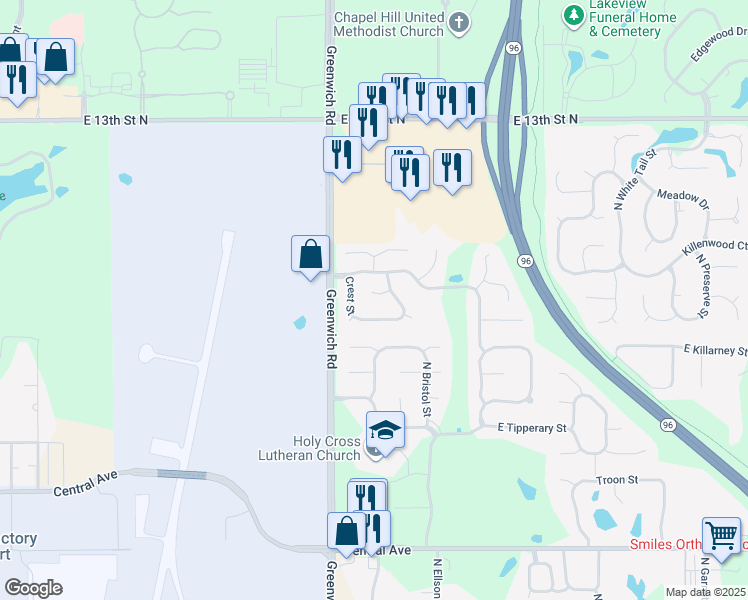 map of restaurants, bars, coffee shops, grocery stores, and more near 1033 Bristol Court in Wichita