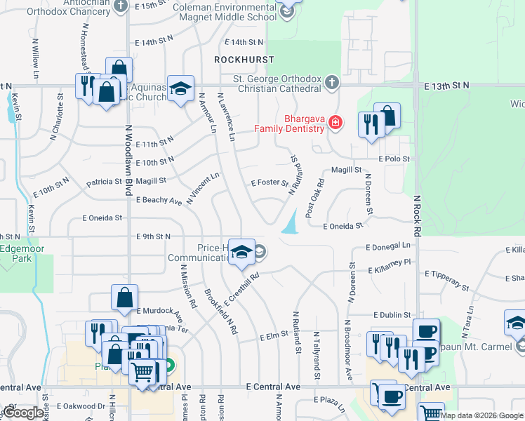 map of restaurants, bars, coffee shops, grocery stores, and more near 1006 North Lawrence Lane in Wichita