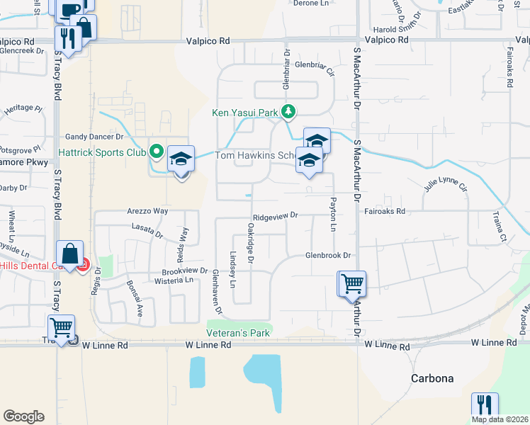 map of restaurants, bars, coffee shops, grocery stores, and more near 283 Ridgeview Drive in Tracy
