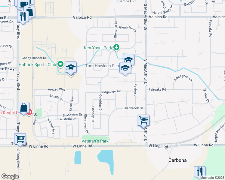 map of restaurants, bars, coffee shops, grocery stores, and more near 363 Ridgeview Drive in Tracy