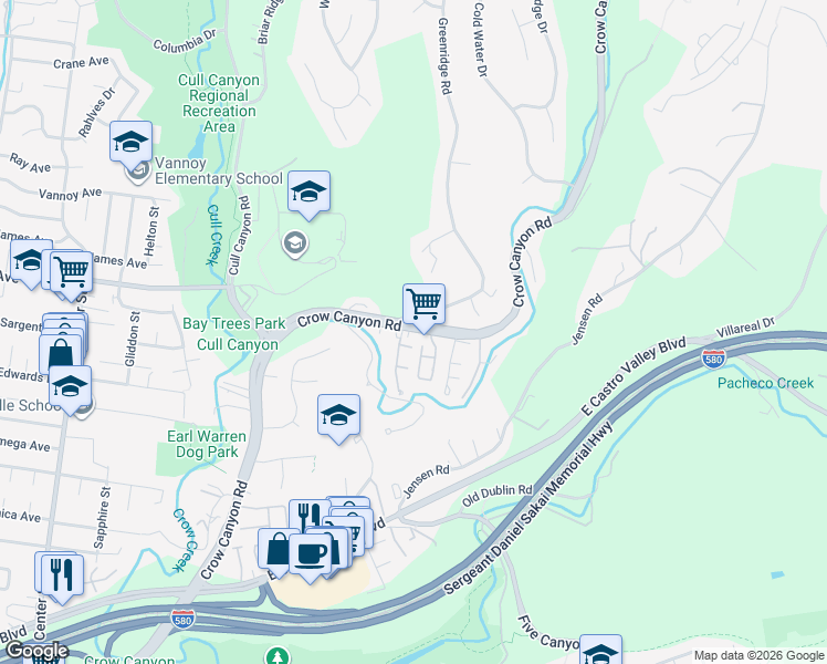 map of restaurants, bars, coffee shops, grocery stores, and more near 5269b Crow Canyon Road in Castro Valley
