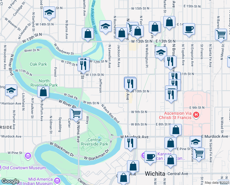 map of restaurants, bars, coffee shops, grocery stores, and more near 517 West 10th Street North in Wichita
