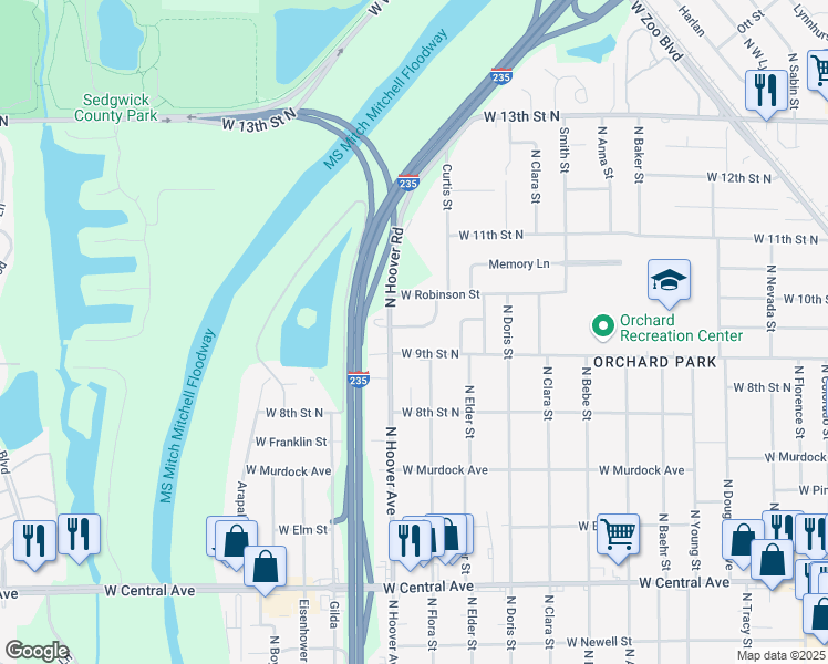 map of restaurants, bars, coffee shops, grocery stores, and more near 5511 West Edminster Street in Wichita