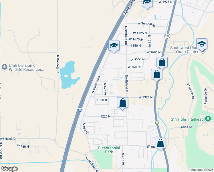 map of restaurants, bars, coffee shops, grocery stores, and more near 1396 North 625 West in Cedar City