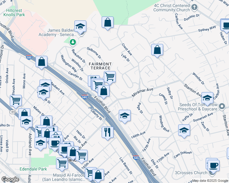 map of restaurants, bars, coffee shops, grocery stores, and more near 16272 Saratoga Street in San Leandro