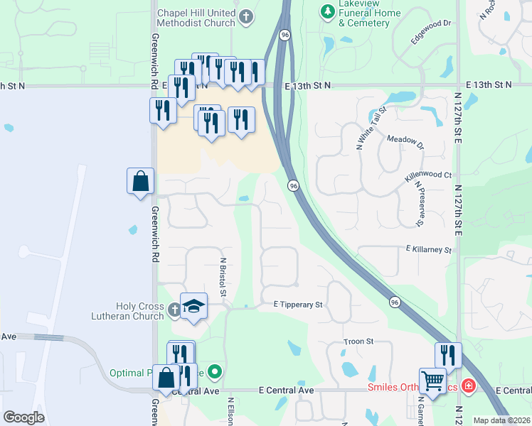 map of restaurants, bars, coffee shops, grocery stores, and more near 1066 North Bedford Street in Wichita