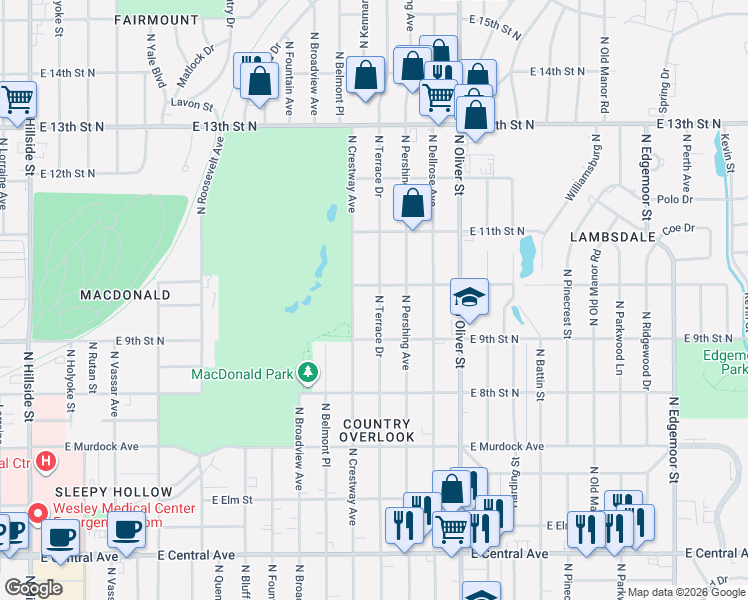 map of restaurants, bars, coffee shops, grocery stores, and more near 1048 North Terrace Drive in Wichita