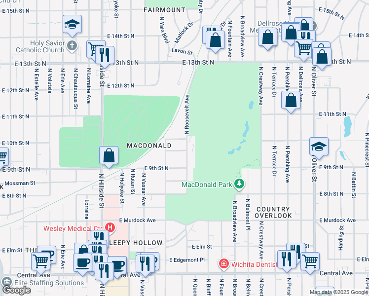 map of restaurants, bars, coffee shops, grocery stores, and more near 3644 Oneida Street in Wichita